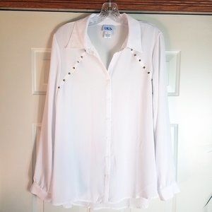 Bea Women's White Button Down Gold Studded Shirt Top Blouse
